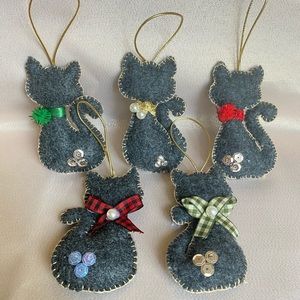 Lot of 5 Christmas Tree Cats Handmade Felt Ornaments Decorations